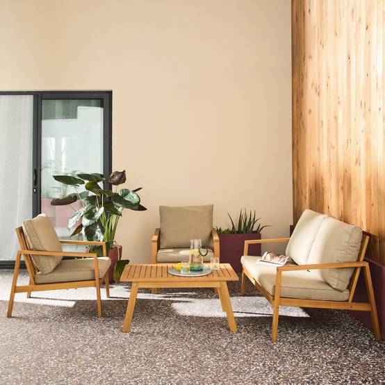 sweeek - Salon de jardin bois d'acacia et oléfine 4 places marron - Kaelia | sweeek - Image 1