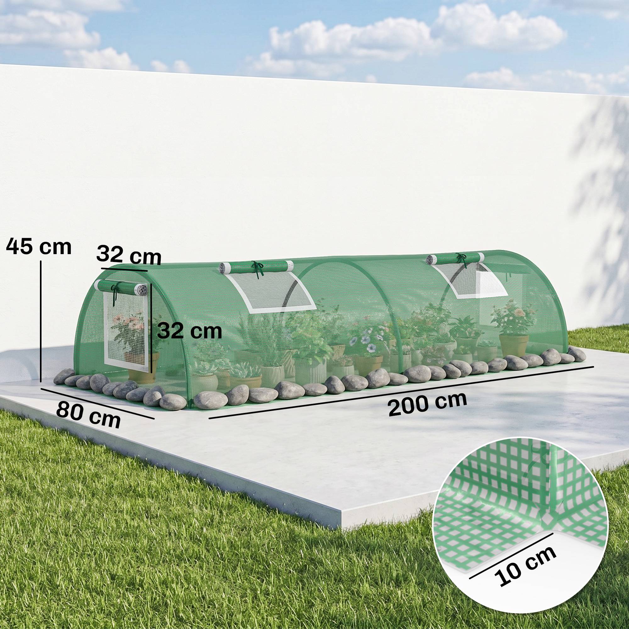 Sans Marque - Mini Serre de Jardin mini serre tunnel à tomates 200 x 80 x 45 cm Acier PE Anti-UV 4 portes en filet enroulables vert - Image 5