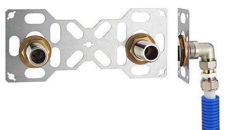 FIXSYSTEM double : kit complet de fixation d'un robinet mural entraxe 150 mm Coudes d'alimentation à compression sur tube multicouche NOYON & THIEBAUL