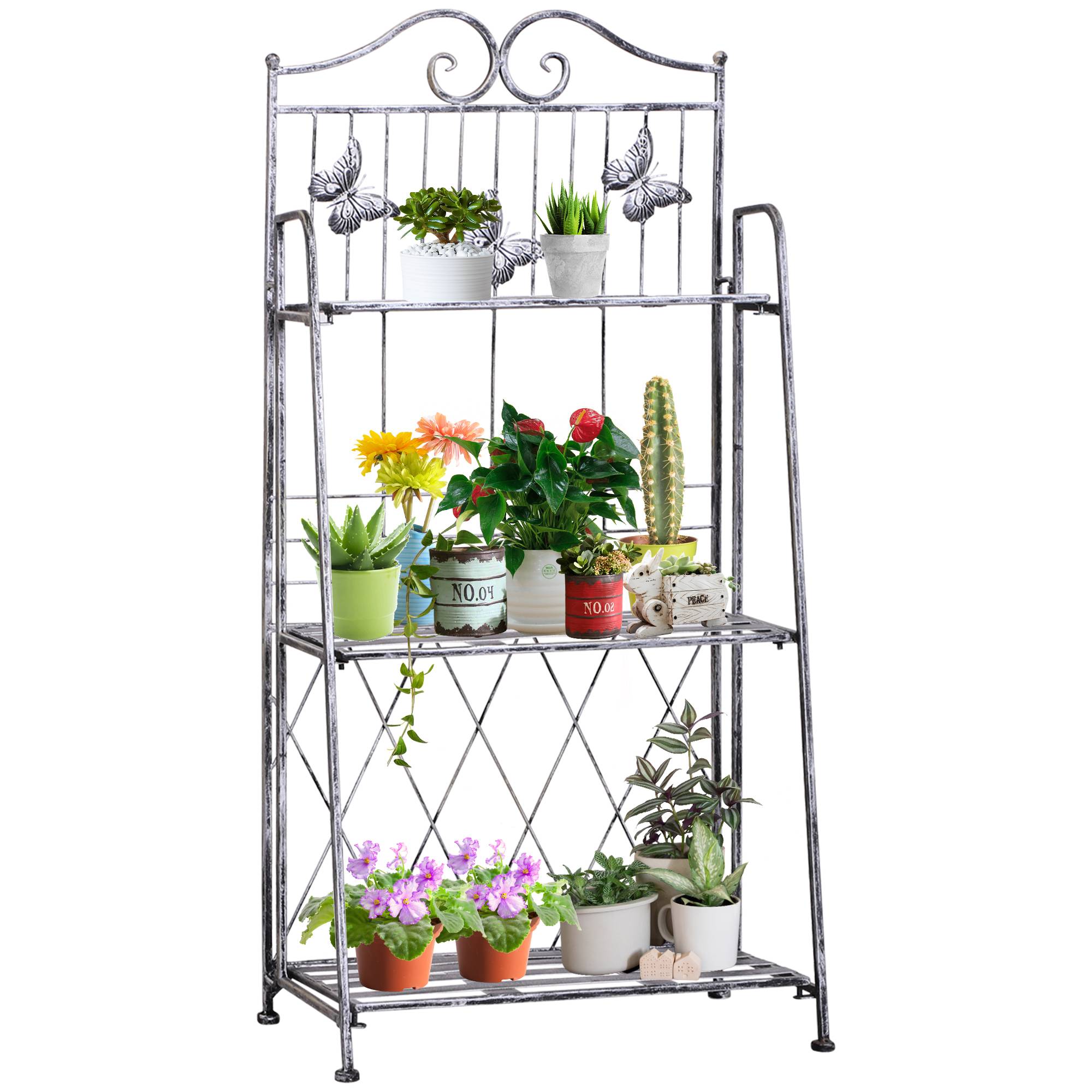 Étagère plantes 3 étages pliable, extérieur balcon terrasse jardin, métal, gris argenté - Image 1