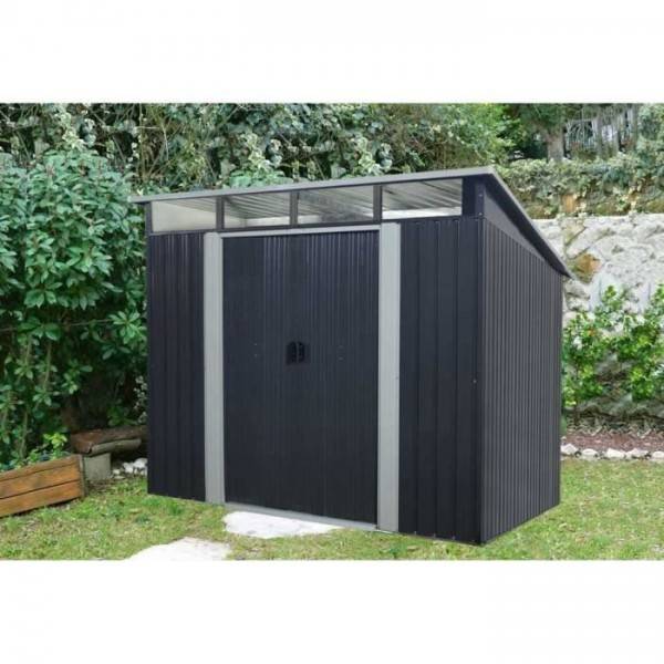 Sans Marque - Abri de jardin en métal 4,61 m² - 238 x 193 x 202 cm - SOLER - Kit d'ancrage inclus, 2 portes coulissantes - Gris - Image 2