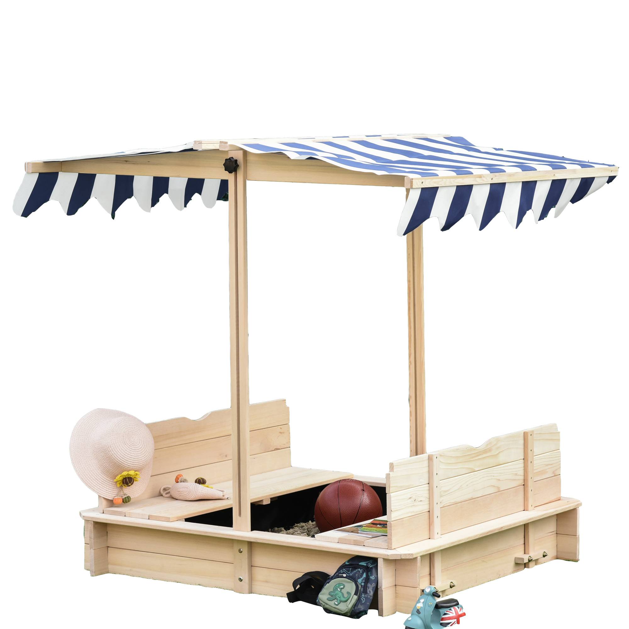 Bac à sable en bois naturel auvent modulable 2 bancs dossiers amovibles 106 × 106 × 115 cm terrasse et jardin - Image 2