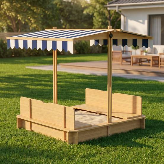 Bac à sable en bois naturel auvent modulable 2 bancs dossiers amovibles 106 × 106 × 115 cm terrasse et jardin - Image 10
