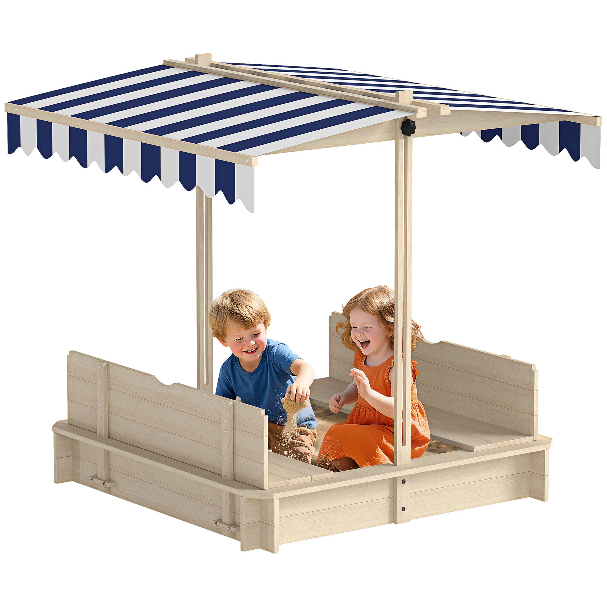 Bac à sable en bois naturel auvent modulable 2 bancs dossiers amovibles 106 × 106 × 115 cm terrasse et jardin