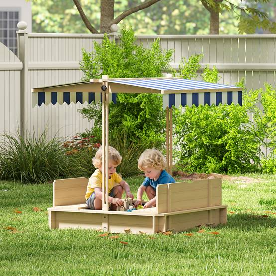 Bac à sable en bois naturel auvent modulable 2 bancs dossiers amovibles 106 × 106 × 115 cm terrasse et jardin - Image 3