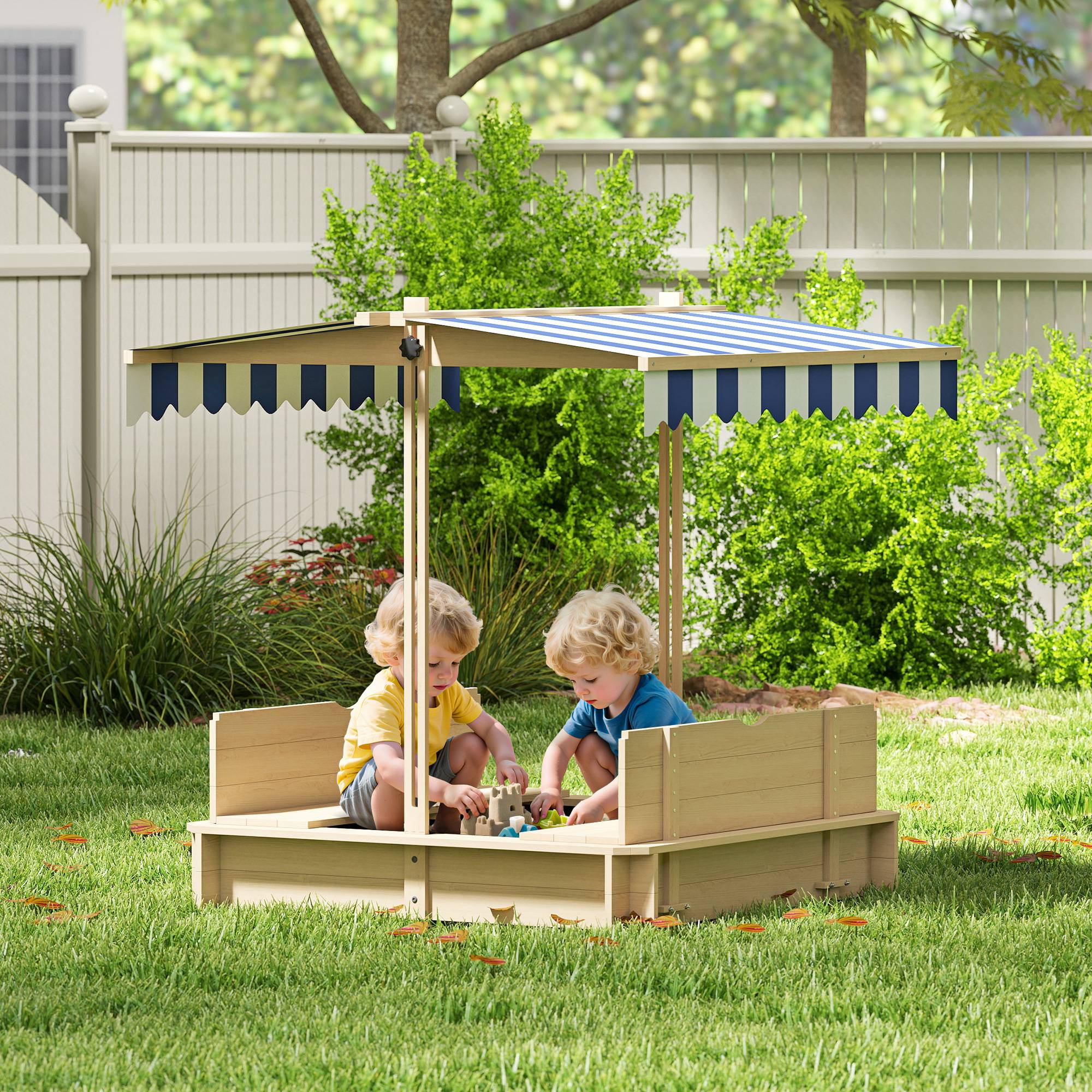 Bac à sable en bois naturel auvent modulable 2 bancs dossiers amovibles 106 × 106 × 115 cm terrasse et jardin - Image 3