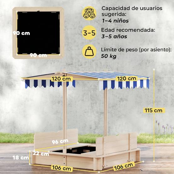 Bac à sable en bois naturel auvent modulable 2 bancs dossiers amovibles 106 × 106 × 115 cm terrasse et jardin - Image 5