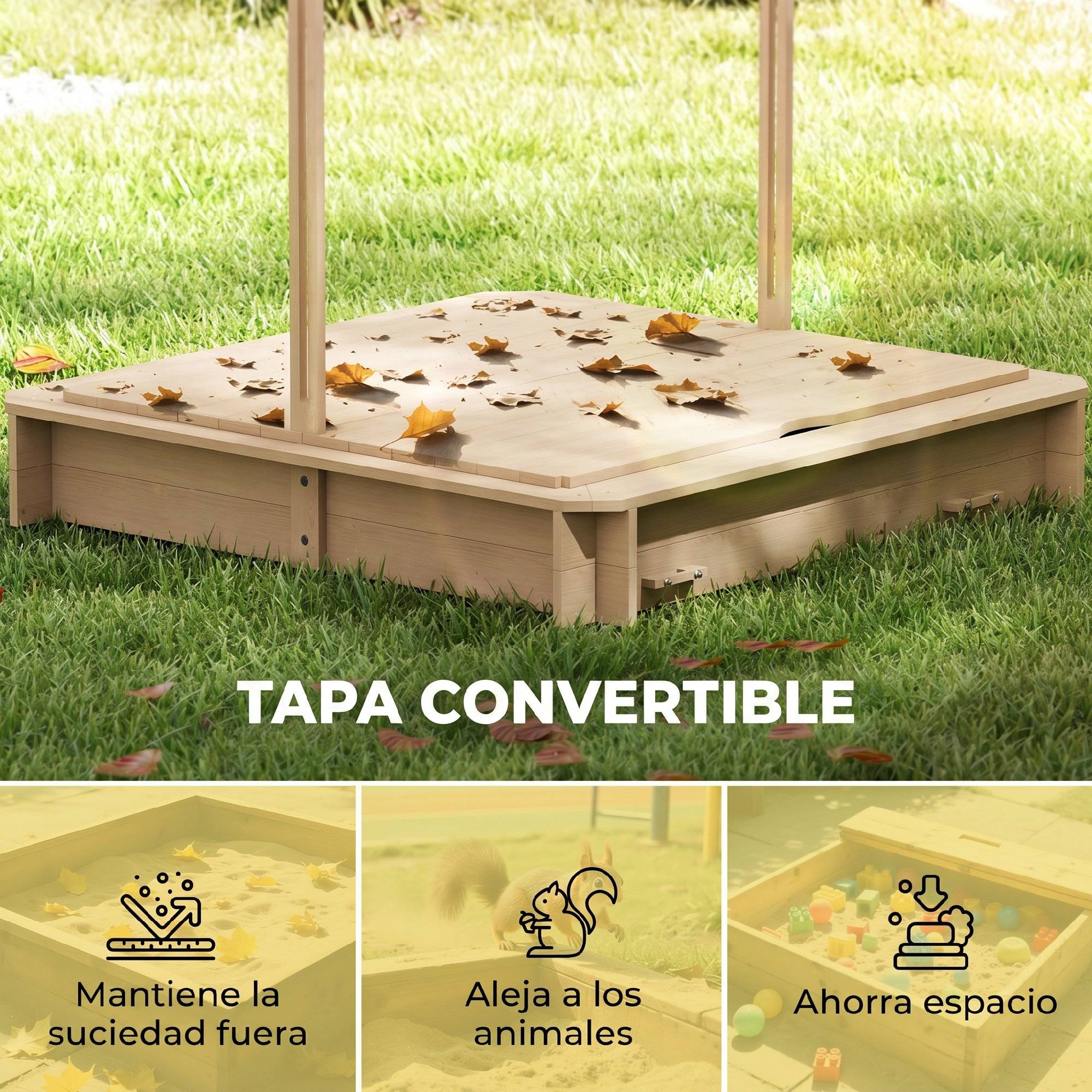 Bac à sable en bois naturel auvent modulable 2 bancs dossiers amovibles 106 × 106 × 115 cm terrasse et jardin - Image 8