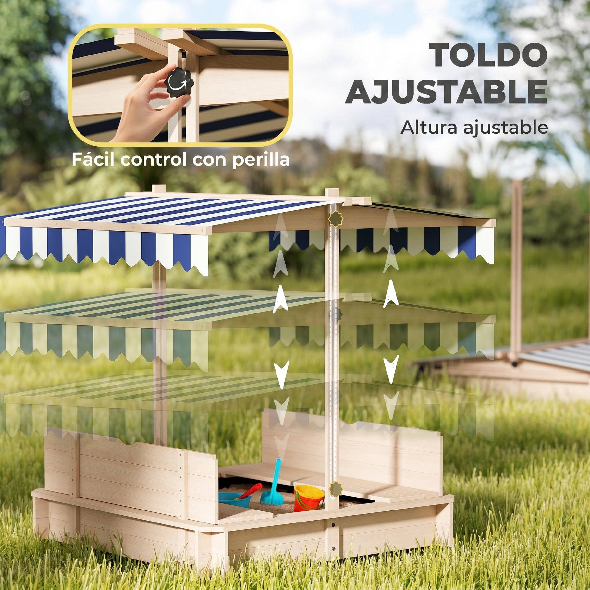 Bac à sable en bois naturel auvent modulable 2 bancs dossiers amovibles 106 × 106 × 115 cm terrasse et jardin - Image 6
