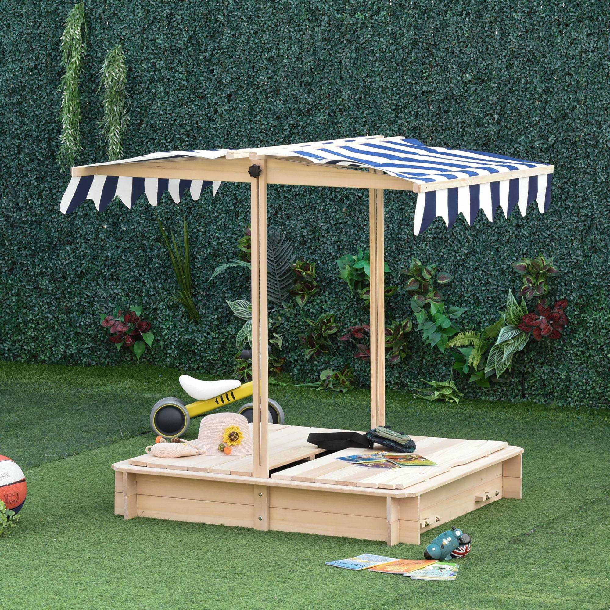 Bac à sable en bois naturel auvent modulable 2 bancs dossiers amovibles 106 × 106 × 115 cm terrasse et jardin - Image 4