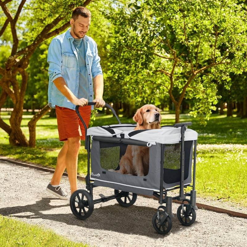 Buggy pour chiens et chats transport animaux extérieur 110 x 65 x 102 cm acier et polyester 600D Oxford gris foncé - PANGIVO - Image 2