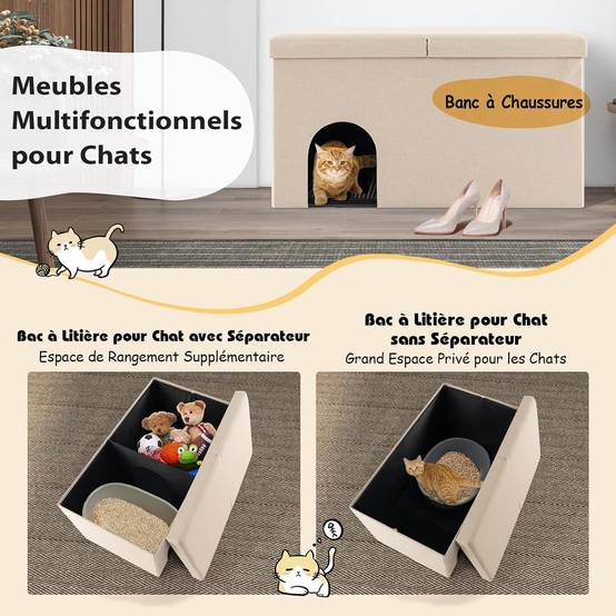 COSTWAY Maison de Toilette pour Chat 2 en 1, Banc pour Chaussures avec Toilettes Cachées pour Chats, Tapis à Litière pour Chats à 2 Couches, Beige - Image 5