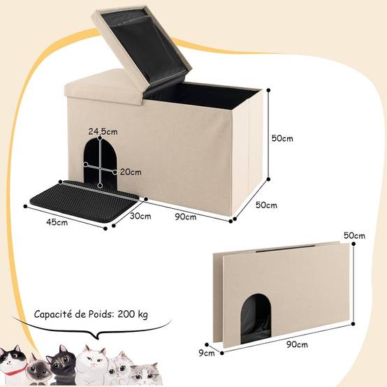 COSTWAY Maison de Toilette pour Chat 2 en 1, Banc pour Chaussures avec Toilettes Cachées pour Chats, Tapis à Litière pour Chats à 2 Couches, Beige - Image 9