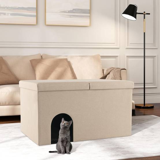 COSTWAY Maison de Toilette pour Chat 2 en 1, Banc pour Chaussures avec Toilettes Cachées pour Chats, Tapis à Litière pour Chats à 2 Couches, Beige - Image 3