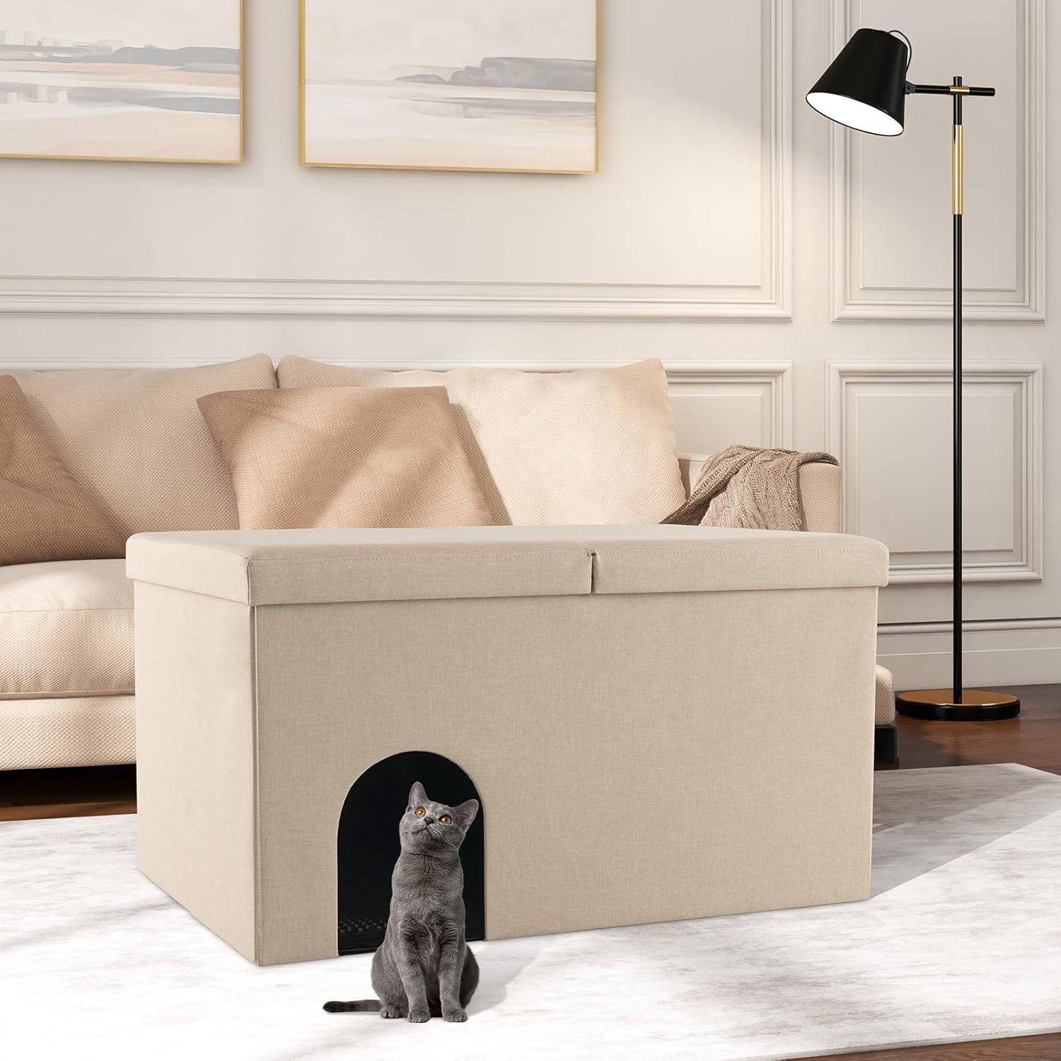COSTWAY Maison de Toilette pour Chat 2 en 1, Banc pour Chaussures avec Toilettes Cachées pour Chats, Tapis à Litière pour Chats à 2 Couches, Beige - Image 3