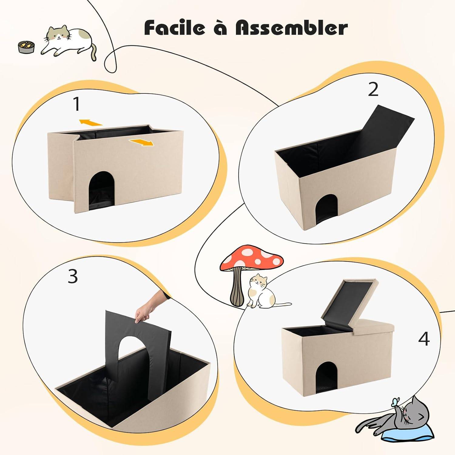 COSTWAY Maison de Toilette pour Chat 2 en 1, Banc pour Chaussures avec Toilettes Cachées pour Chats, Tapis à Litière pour Chats à 2 Couches, Beige - Image 6