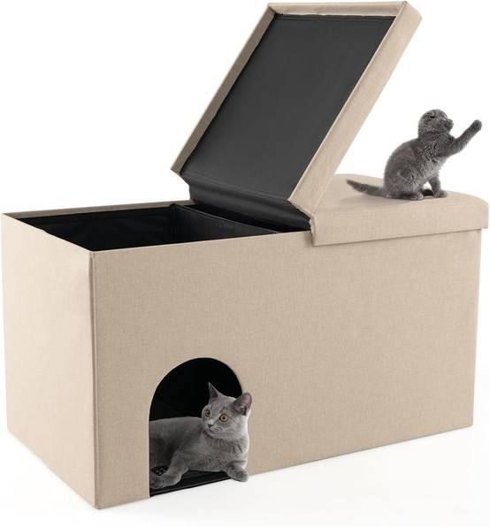 COSTWAY Maison de Toilette pour Chat 2 en 1, Banc pour Chaussures avec Toilettes Cachées pour Chats, Tapis à Litière pour Chats à 2 Couches, Beige - Image 1