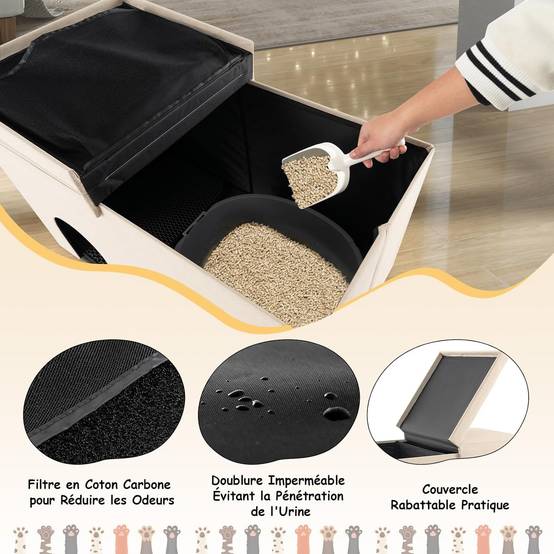 COSTWAY Maison de Toilette pour Chat 2 en 1, Banc pour Chaussures avec Toilettes Cachées pour Chats, Tapis à Litière pour Chats à 2 Couches, Beige - Image 8