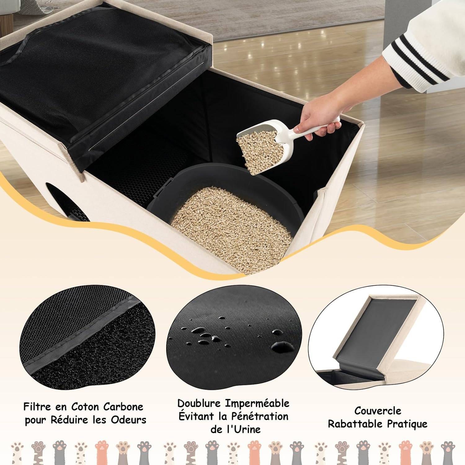 COSTWAY Maison de Toilette pour Chat 2 en 1, Banc pour Chaussures avec Toilettes Cachées pour Chats, Tapis à Litière pour Chats à 2 Couches, Beige - Image 8