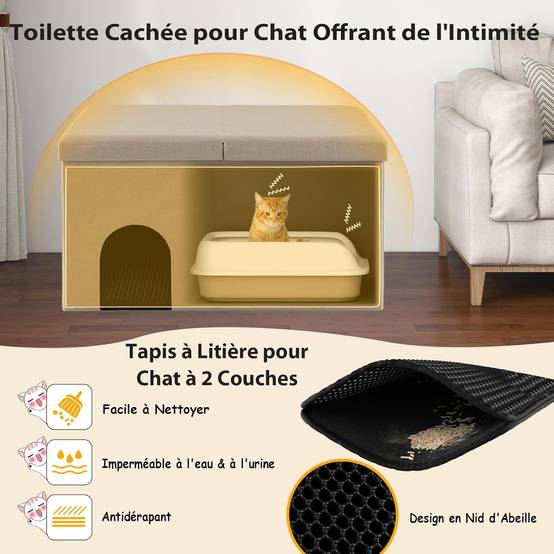 COSTWAY Maison de Toilette pour Chat 2 en 1, Banc pour Chaussures avec Toilettes Cachées pour Chats, Tapis à Litière pour Chats à 2 Couches, Beige - Image 4