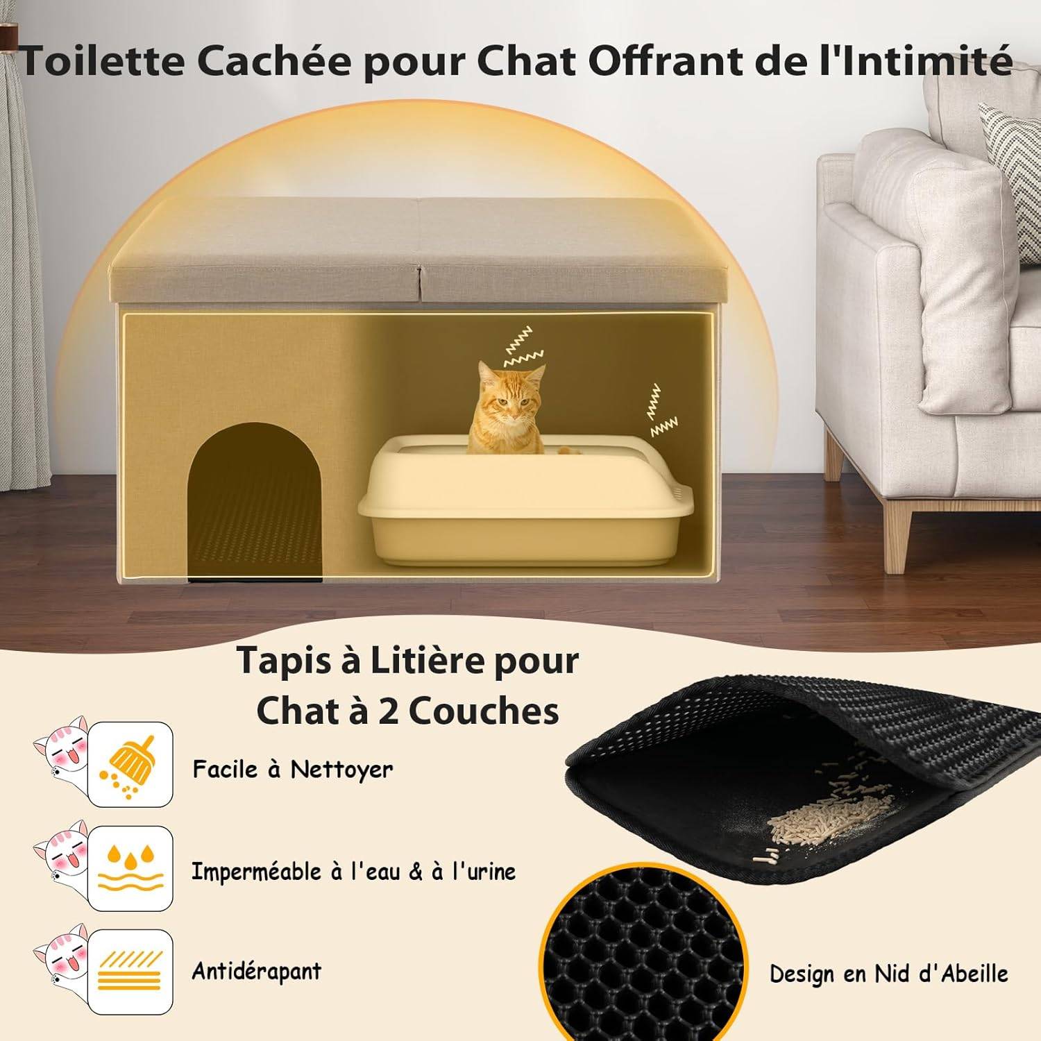 COSTWAY Maison de Toilette pour Chat 2 en 1, Banc pour Chaussures avec Toilettes Cachées pour Chats, Tapis à Litière pour Chats à 2 Couches, Beige - Image 4