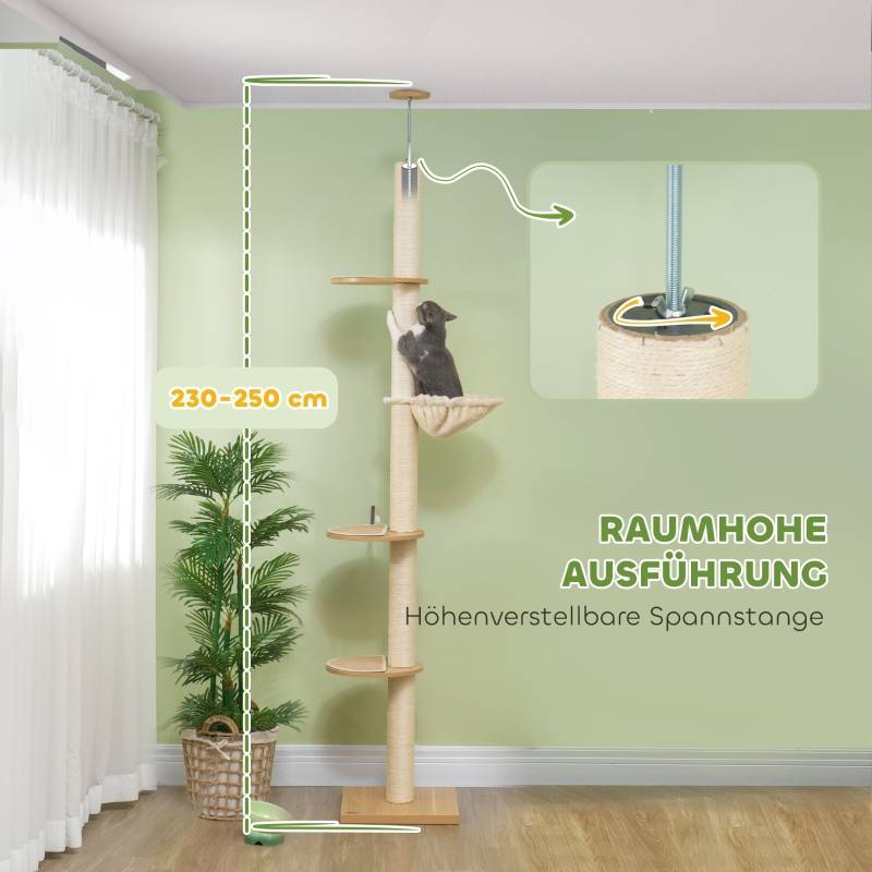Arbre à chat sol-plafond anti-basculement, poteaux sisal, matériau bois chêne crème - Image 4