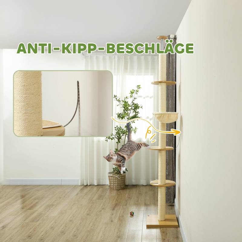 Arbre à chat sol-plafond anti-basculement, poteaux sisal, matériau bois chêne crème - Image 7