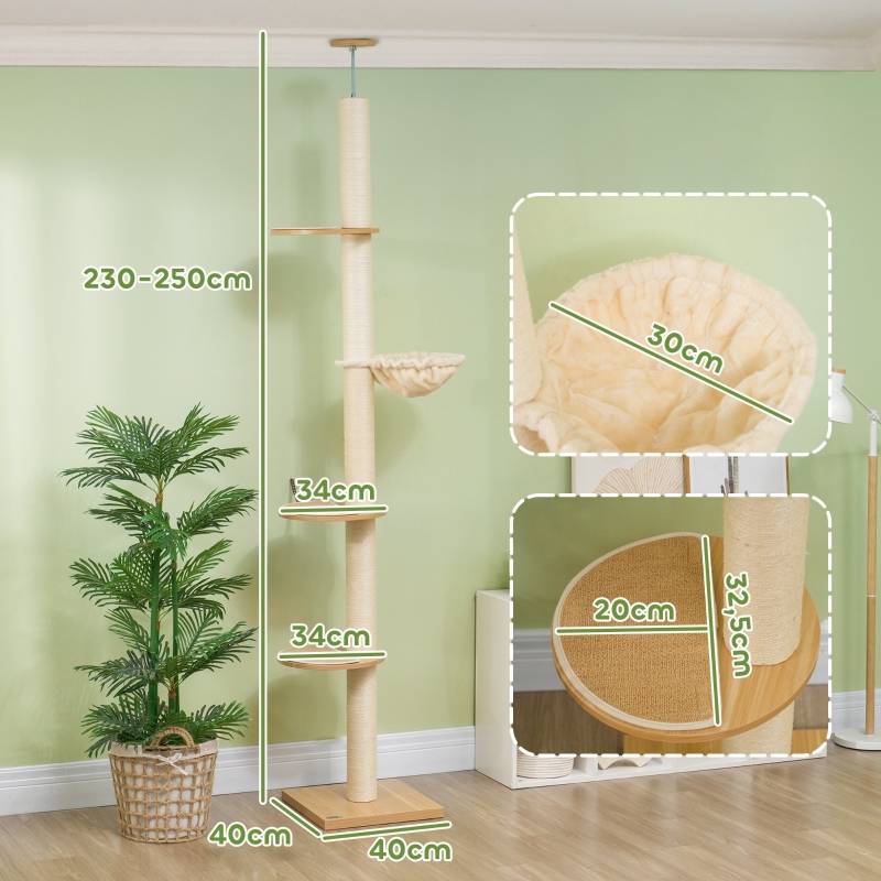 Arbre à chat sol-plafond anti-basculement, poteaux sisal, matériau bois chêne crème - Image 3