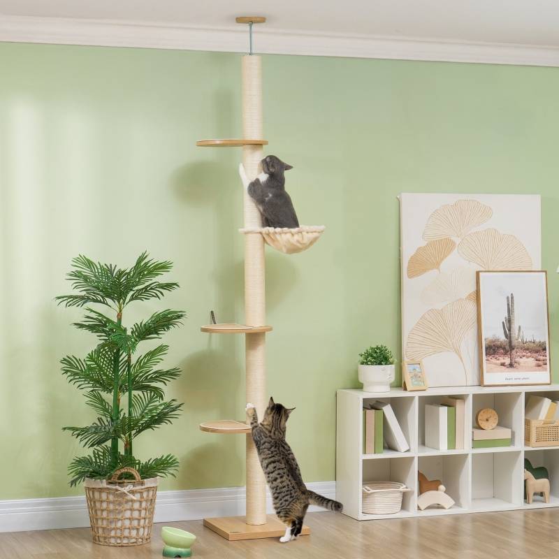 Arbre à chat sol-plafond anti-basculement, poteaux sisal, matériau bois chêne crème - Image 2