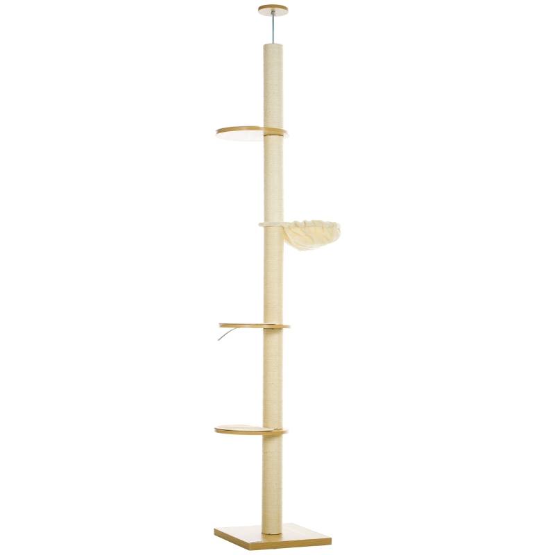 Arbre à chat sol-plafond anti-basculement, poteaux sisal, matériau bois chêne crème
