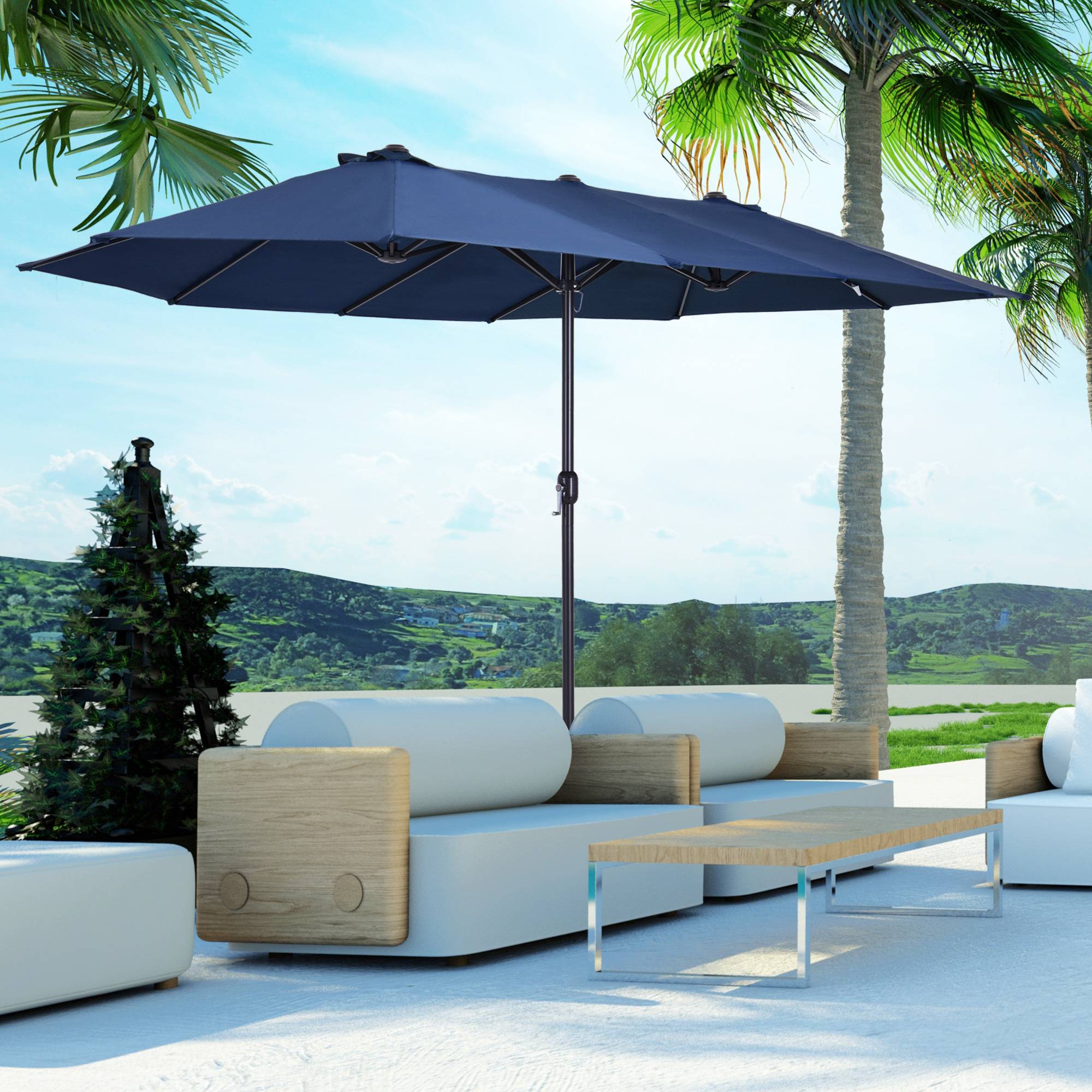 Parasol double acier jardin terrasse protection UV manivelle 455x265cm bleu - ComfortXL Outdoor Living - Image 1