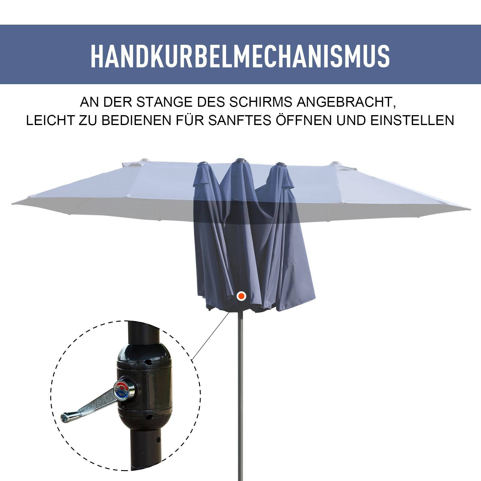 Parasol double acier jardin terrasse protection UV manivelle 455x265cm bleu - ComfortXL Outdoor Living - Image 5