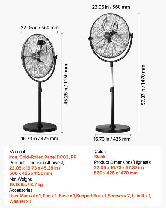 VEVOR Ventilateur pied industriel 425 mm, 4200 CFM. Hauteur réglable, 3 vitesses, noir. - Image 7