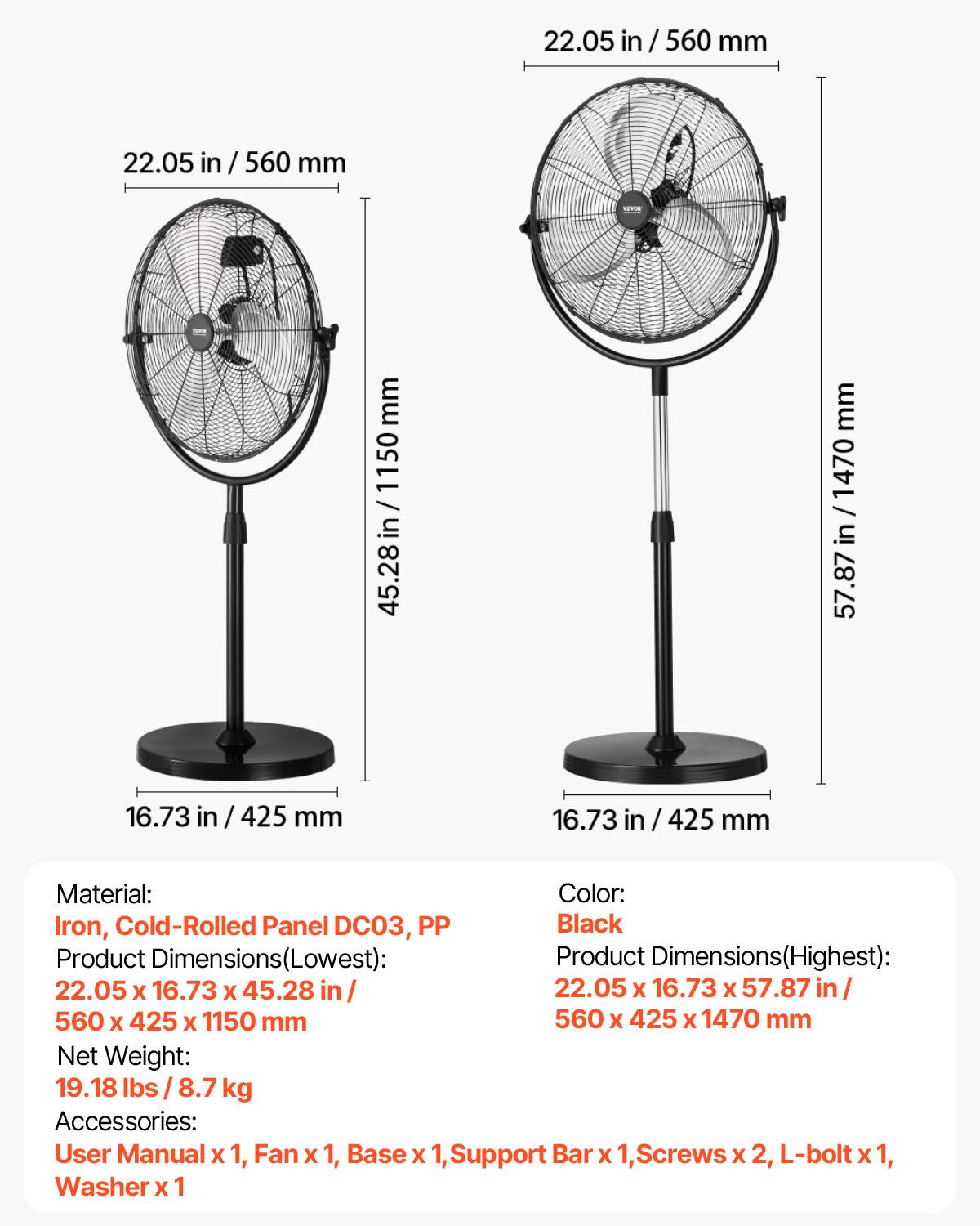 VEVOR Ventilateur pied industriel 425 mm, 4200 CFM. Hauteur réglable, 3 vitesses, noir. - Image 7