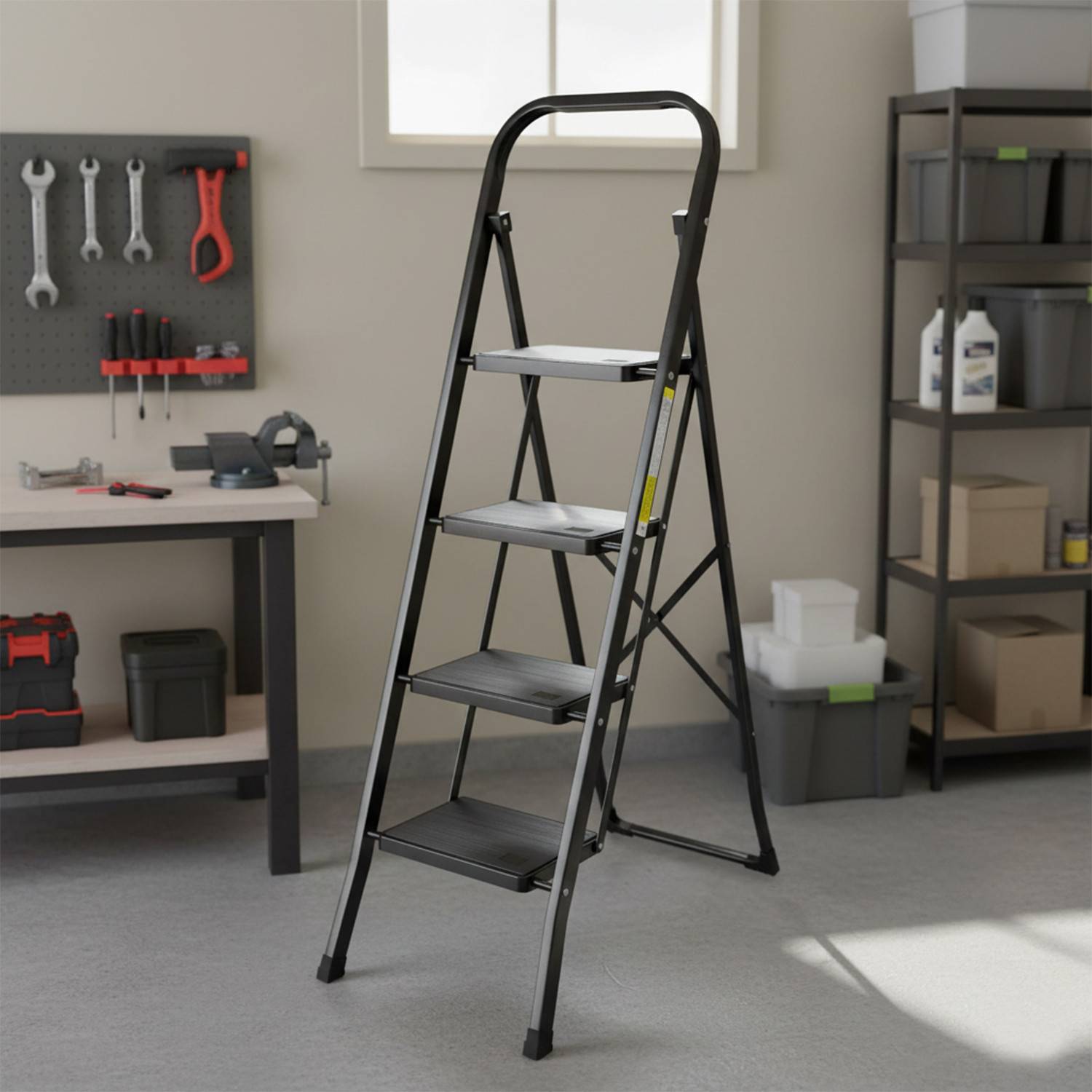 Escabeau à 4 marches BM TOOLS BMT-ESC4-BLACK, Haut. de travail : 97 cm, se range facilement, Marches anti-dérapantes - NOIR - Image 4