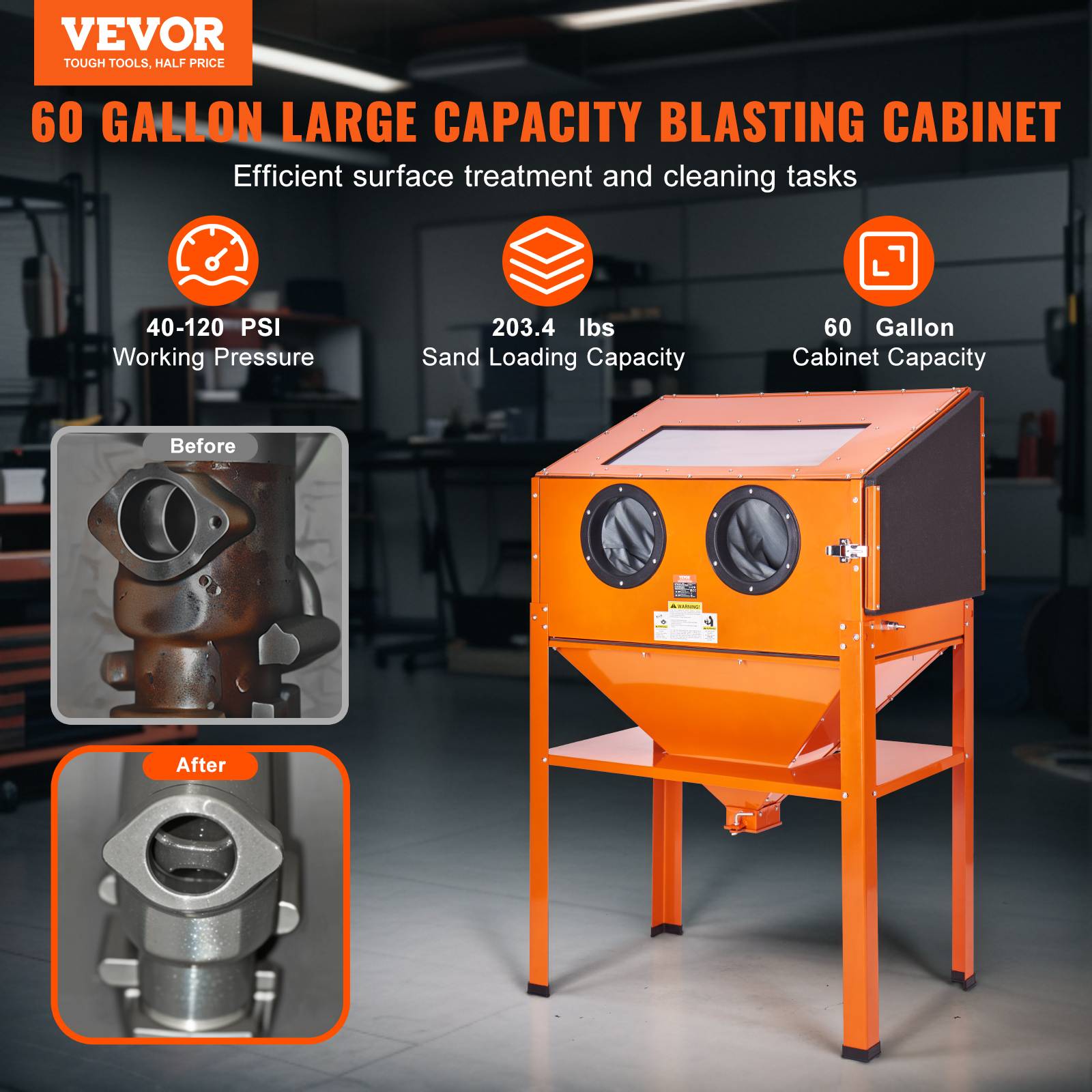 Vevor - VEVOR Armoire sablage 60 gal, 40-120 psi, support, pistolet + 4 buses céramique. Enlève peinture, rouille. - Image 2
