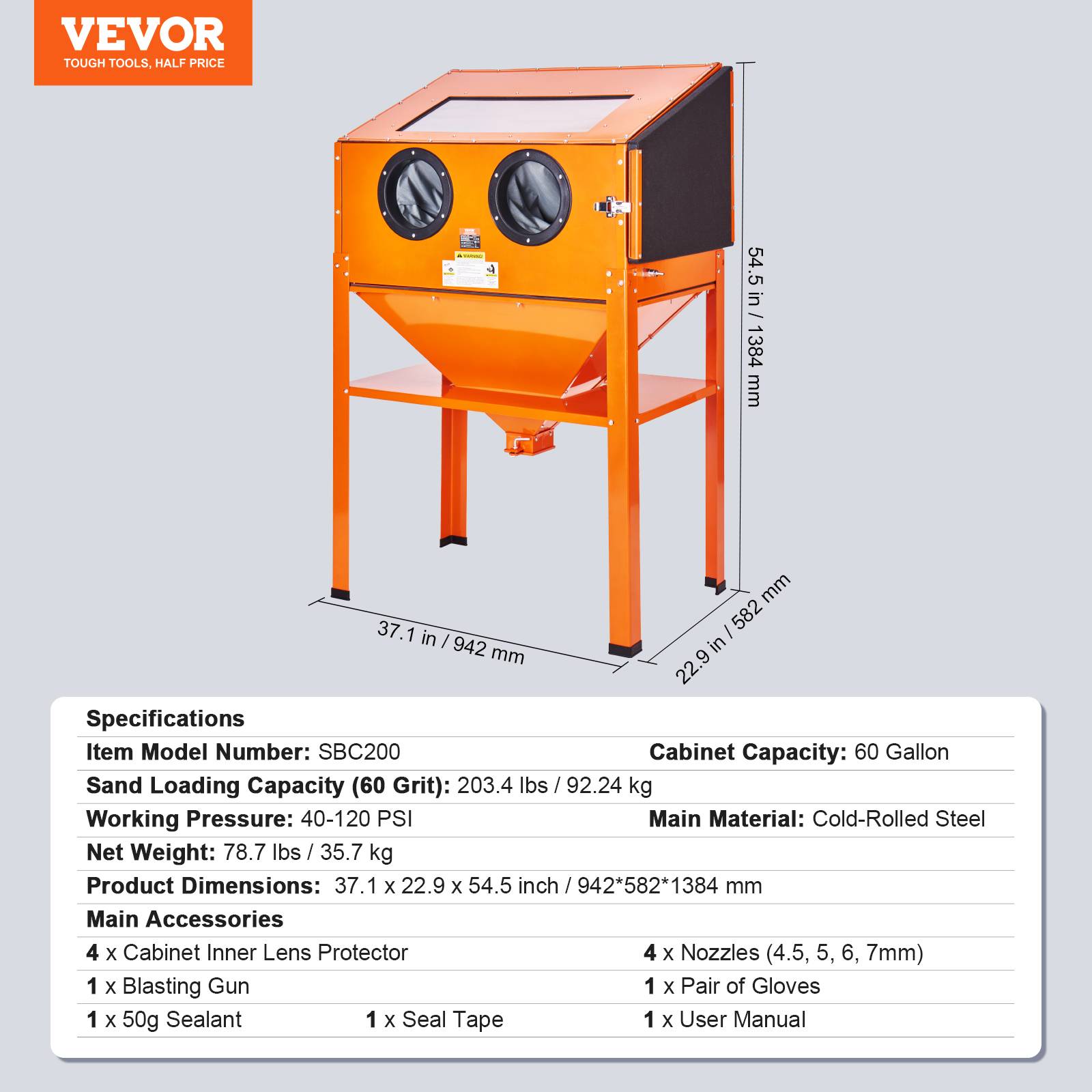 Vevor - VEVOR Armoire sablage 60 gal, 40-120 psi, support, pistolet + 4 buses céramique. Enlève peinture, rouille. - Image 7