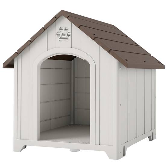 Niche d'extérieur pour chien, grande niche en plastique avec 2 fenêtres, base surélevée, piquets, marron foncé - Image 2