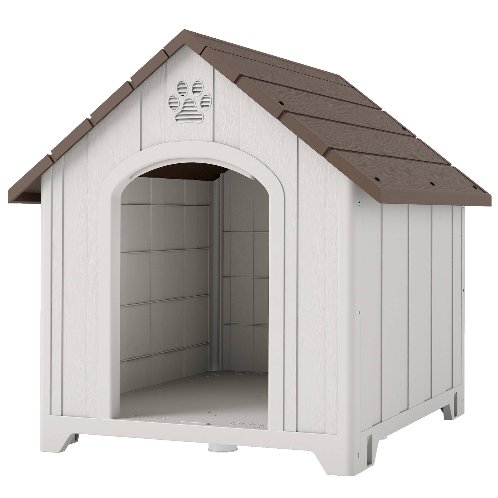 Niche d'extérieur pour chien, grande niche en plastique avec 2 fenêtres, base surélevée, piquets, marron foncé - Image 2
