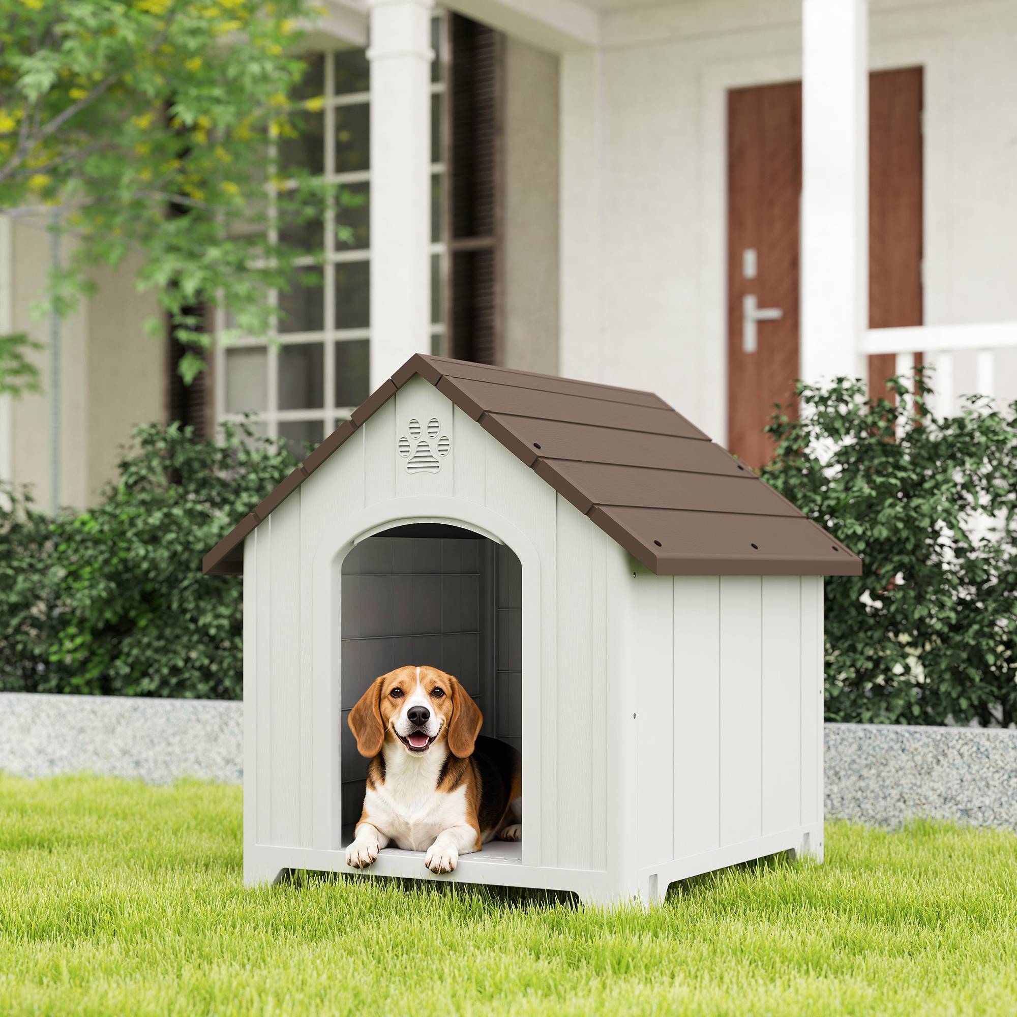 Niche d'extérieur pour chien, grande niche en plastique avec 2 fenêtres, base surélevée, piquets, marron foncé - Image 4