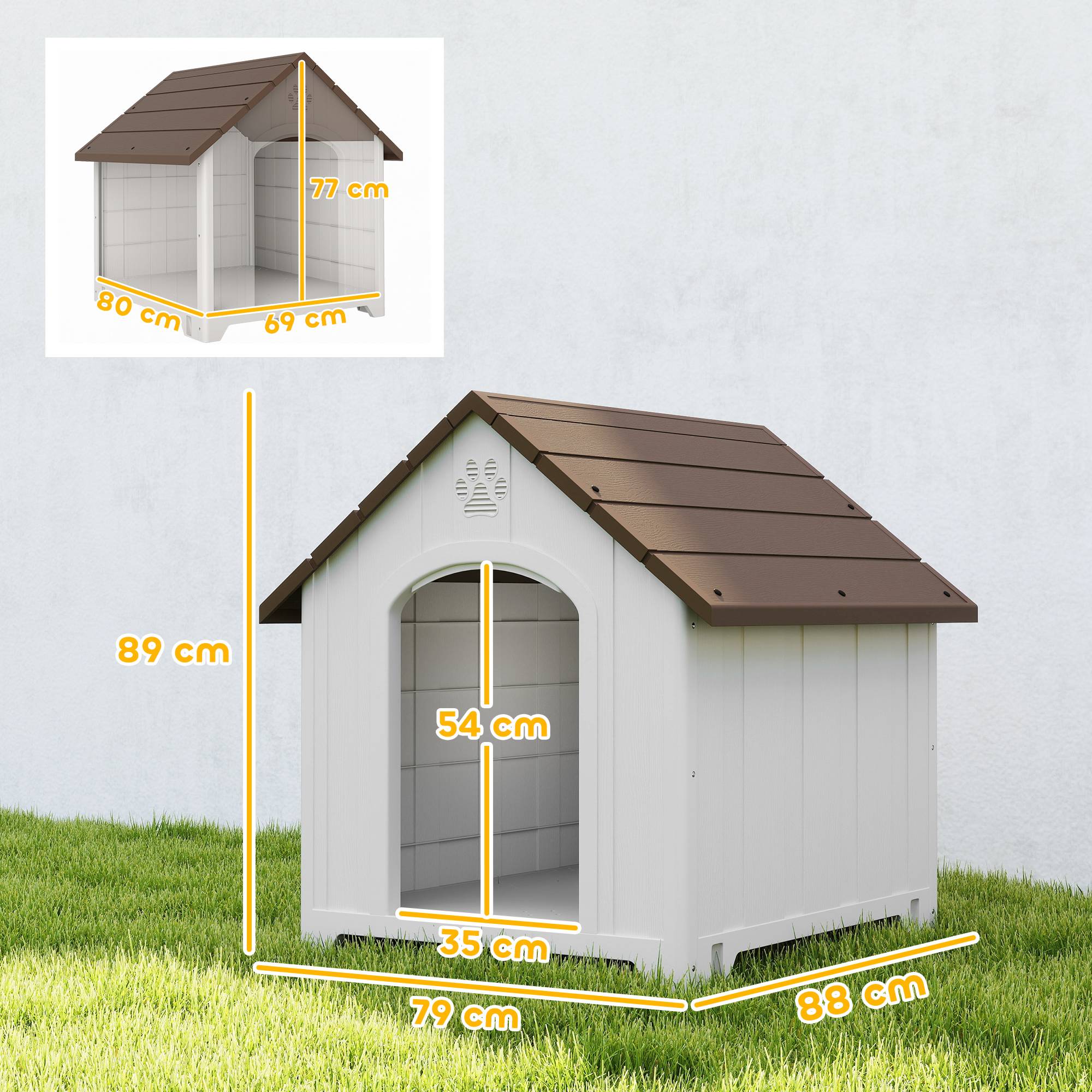 Niche d'extérieur pour chien, grande niche en plastique avec 2 fenêtres, base surélevée, piquets, marron foncé - Image 5