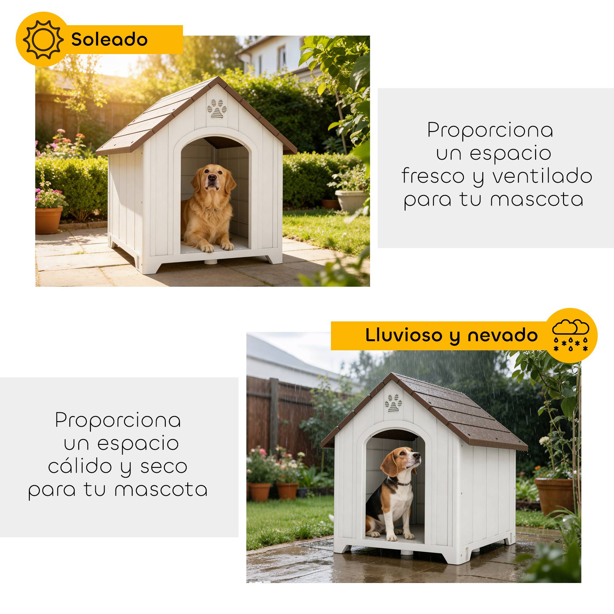Niche d'extérieur pour chien, grande niche en plastique avec 2 fenêtres, base surélevée, piquets, marron foncé - Image 8