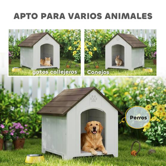 Niche d'extérieur pour chien, grande niche en plastique avec 2 fenêtres, base surélevée, piquets, marron foncé - Image 10