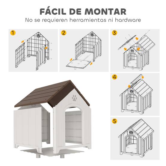 Niche d'extérieur pour chien, grande niche en plastique avec 2 fenêtres, base surélevée, piquets, marron foncé - Image 9
