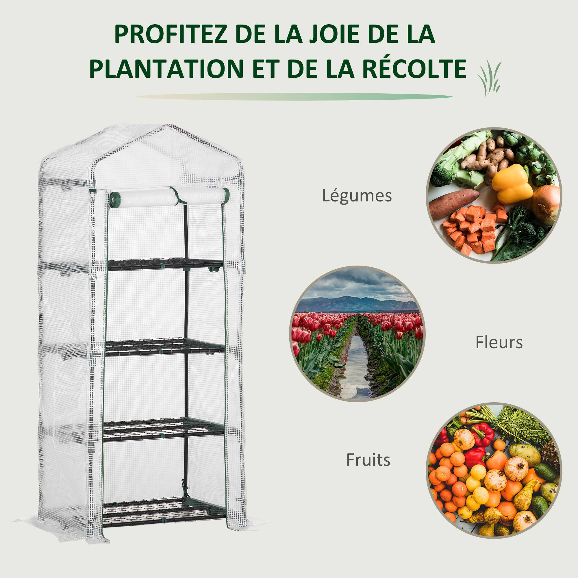 Serre de jardin PE 4 niveaux 70x50x160 cm avec étagères, bâche renforcée 140 g/m², structure acier, porte zippée, blanc - Image 9