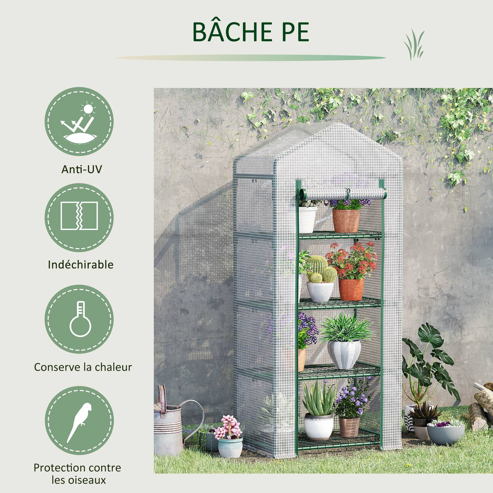 Serre de jardin PE 4 niveaux 70x50x160 cm avec étagères, bâche renforcée 140 g/m², structure acier, porte zippée, blanc - Image 7