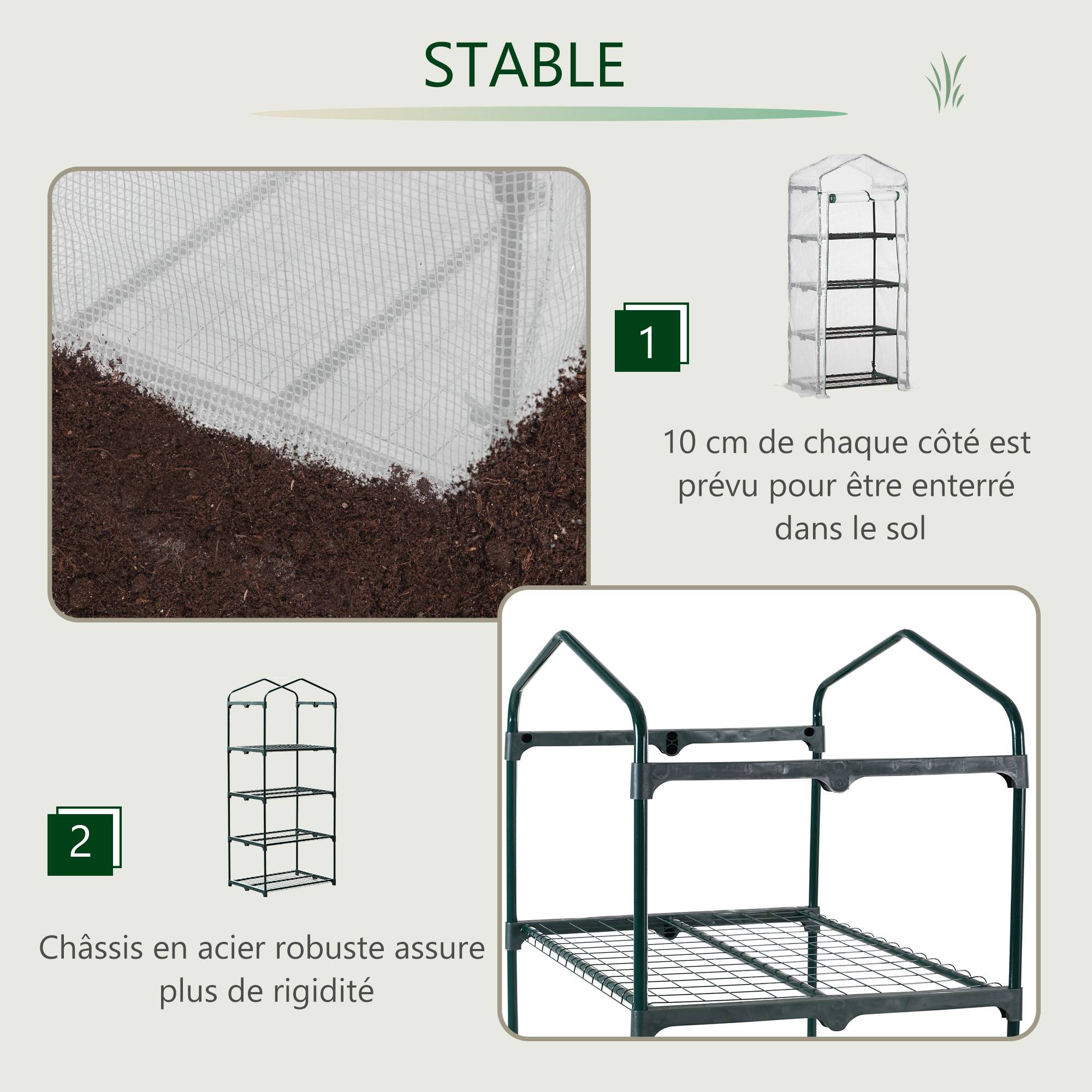 Serre de jardin PE 4 niveaux 70x50x160 cm avec étagères, bâche renforcée 140 g/m², structure acier, porte zippée, blanc - Image 6