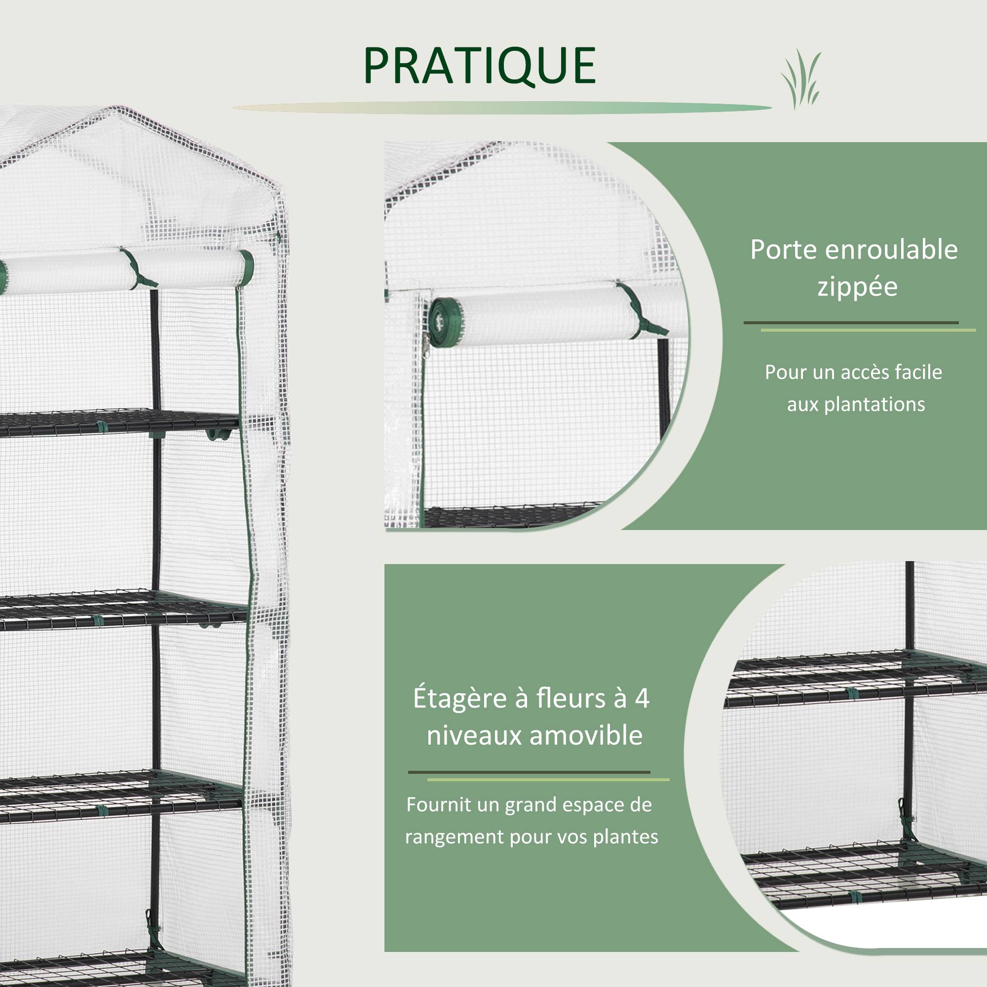 Serre de jardin PE 4 niveaux 70x50x160 cm avec étagères, bâche renforcée 140 g/m², structure acier, porte zippée, blanc - Image 8