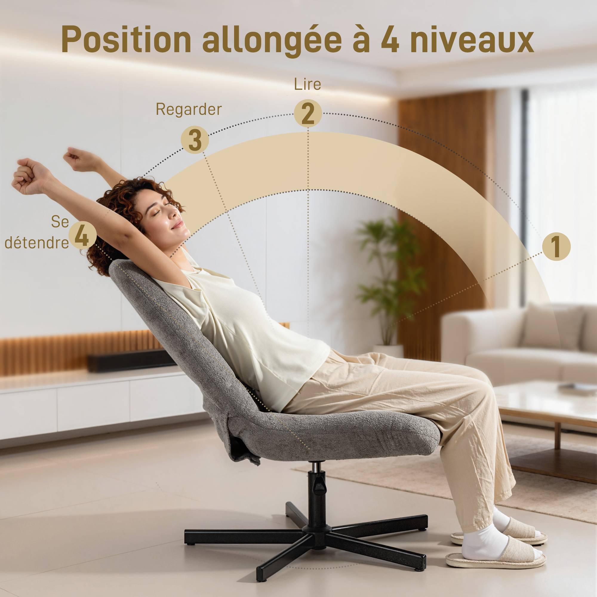 Fauteuil salon avec repose-pieds, chaise pivotante, hauteur réglable, dossier inclinable, 66 x 80 x 93-104 cm, gris - Image 6