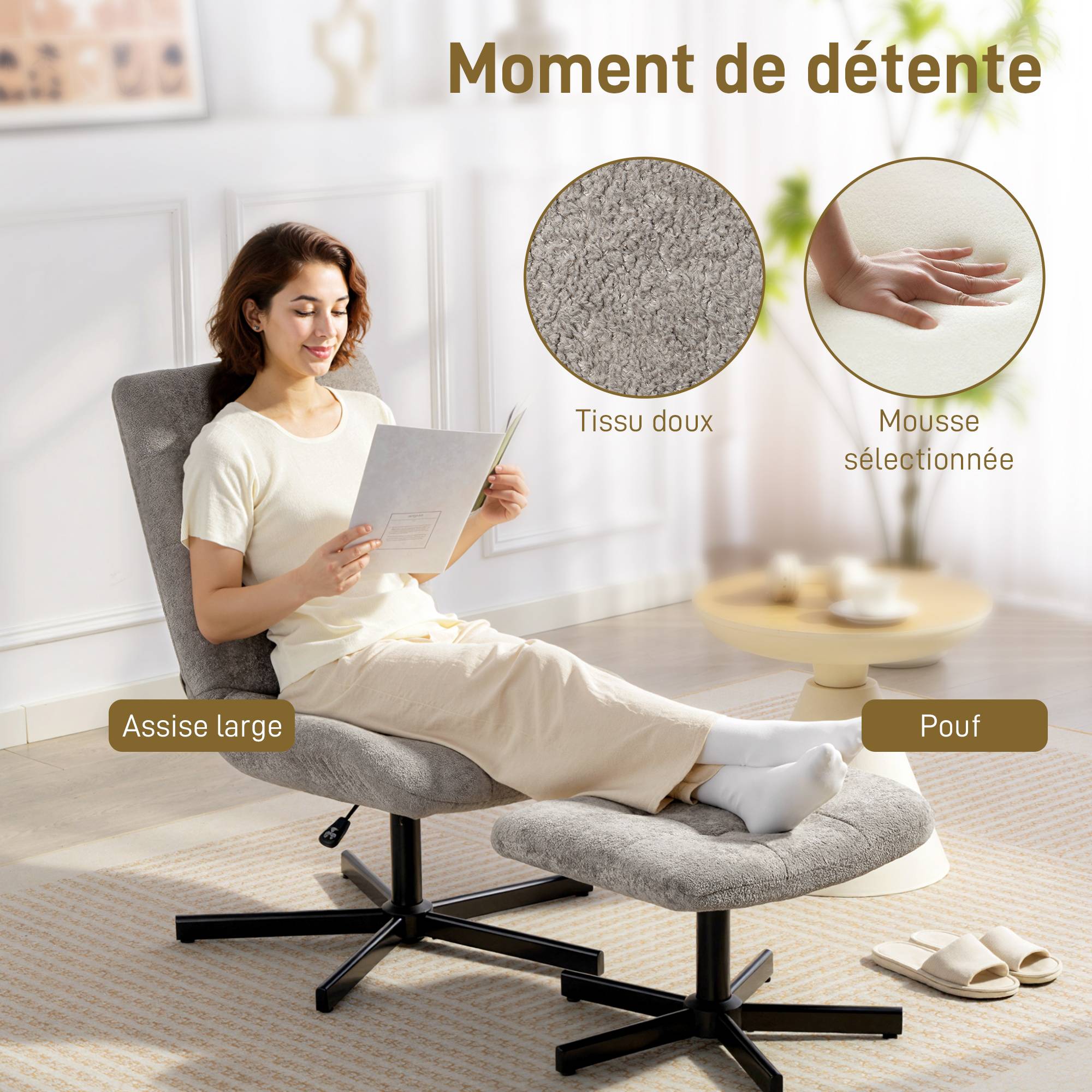 Fauteuil salon avec repose-pieds, chaise pivotante, hauteur réglable, dossier inclinable, 66 x 80 x 93-104 cm, gris - Image 8
